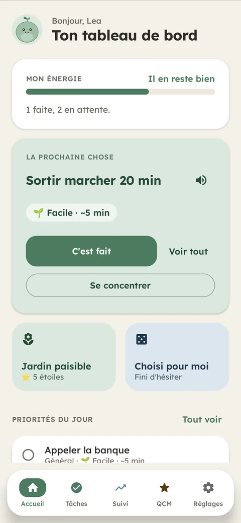 Tableau de bord : une jauge d'énergie, puis une seule tâche mise en avant avec les boutons « C'est fait » et « Se concentrer ».