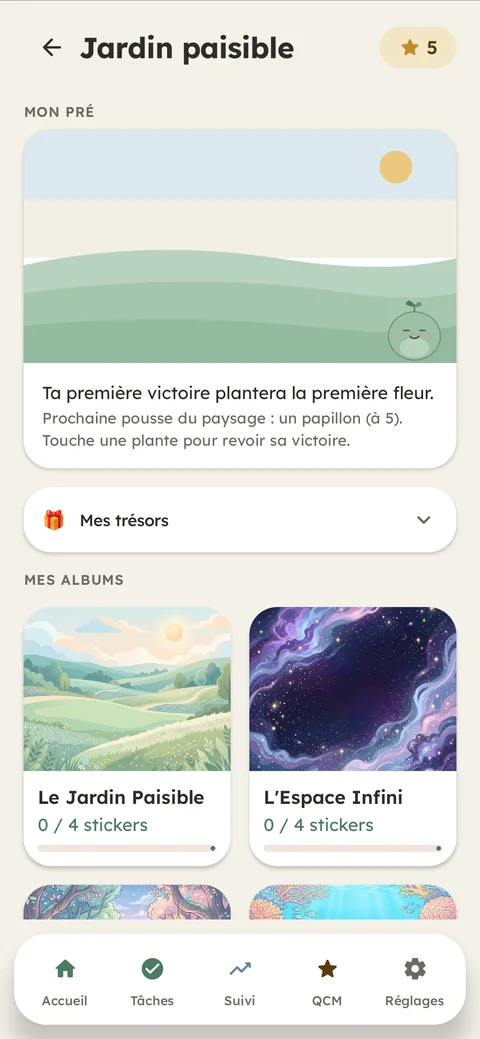 Écran « Jardin paisible » : un pré qui se remplit au fil des victoires, et des albums de stickers à collectionner.