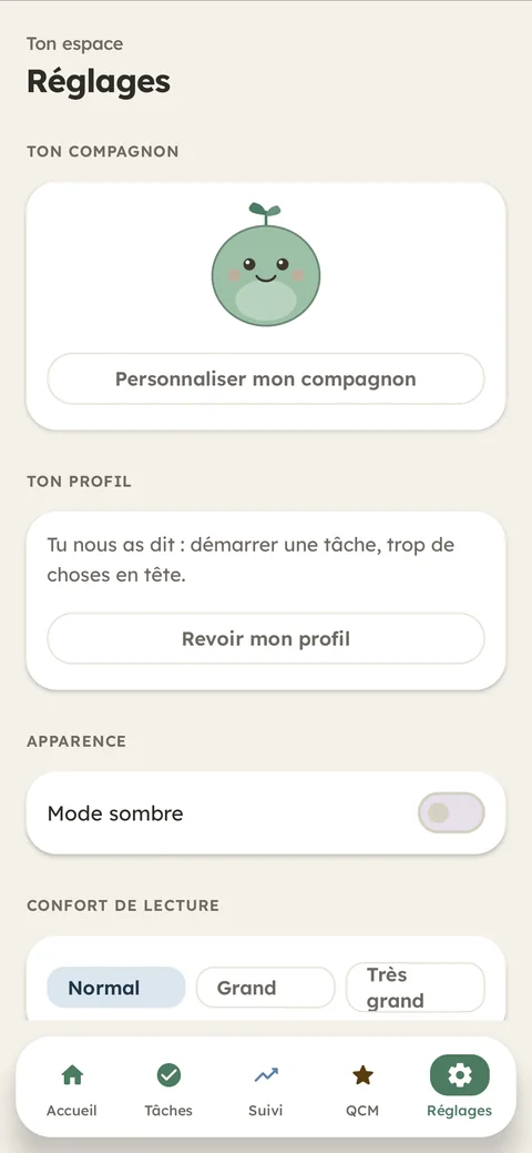 Réglages : personnalisation du compagnon, mode sombre et choix de la taille du texte.